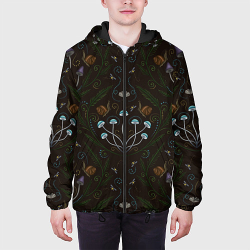 Мужская куртка Волшебный лес, грибы, улитки и мотыльки - паттерн / 3D-Черный – фото 3