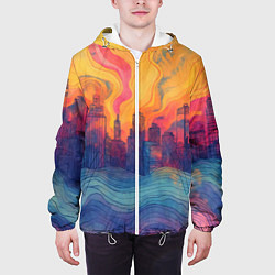 Куртка с капюшоном мужская Абстрактный город в волнах красок, цвет: 3D-белый — фото 2