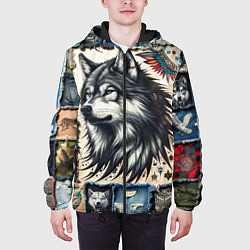 Куртка с капюшоном мужская Волк на дениме Пэчворк, цвет: 3D-черный — фото 2