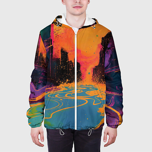 Мужская куртка Абстрактная городская улица со зданиями и река / 3D-Белый – фото 3