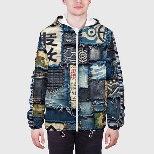 Мужская куртка Иероглифы на пэчворк дениме / 3D-Белый – фото 3