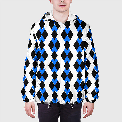 Мужская куртка Чёрные и синие ромбы на белом фоне / 3D-Белый – фото 3