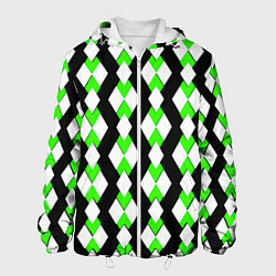 Куртка с капюшоном мужская Зелёные и белые ромбы на чёрном фоне, цвет: 3D-белый