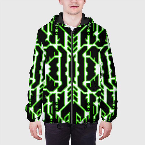 Мужская куртка Техно белые линии с зелёной обводкой на чёрном фон / 3D-Черный – фото 3