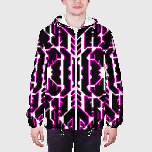 Мужская куртка Техно белые линии с розовой обводкой на чёрном фон / 3D-Белый – фото 3