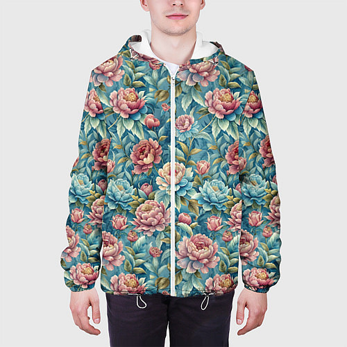 Мужская куртка Пионы паттерном садовые крупные цветы / 3D-Белый – фото 3