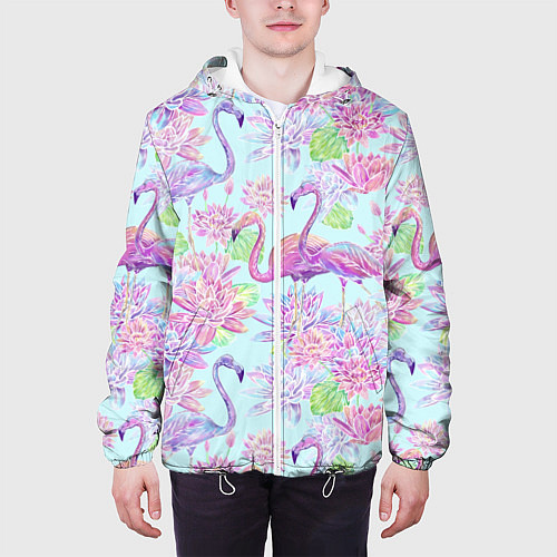 Мужская куртка Фламинго и кувшинки батик / 3D-Белый – фото 3