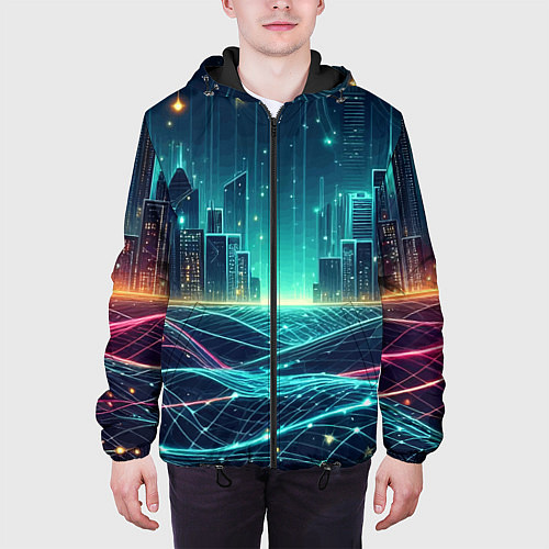 Мужская куртка Metropolis - vaporwave neon glow / 3D-Черный – фото 3