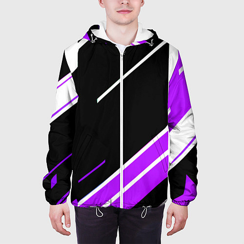 Мужская куртка Бело-фиолетовые полосы на чёрном фоне / 3D-Белый – фото 3