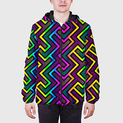 Куртка с капюшоном мужская Радужный неоновый лабиринт узор, цвет: 3D-черный — фото 2