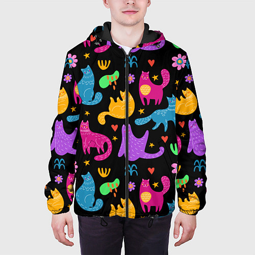 Мужская куртка Паттерн разноцветных котиков / 3D-Черный – фото 3