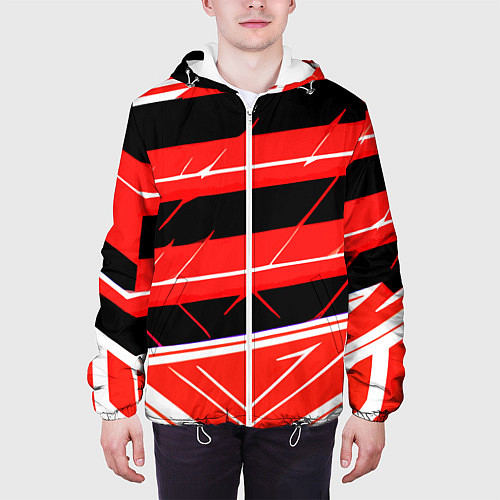 Мужская куртка Чёрно-белые полосы на красном фоне / 3D-Белый – фото 3
