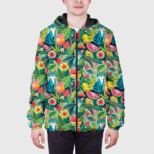 Мужская куртка Летние тропические котики с арбузным коктейлем / 3D-Черный – фото 3