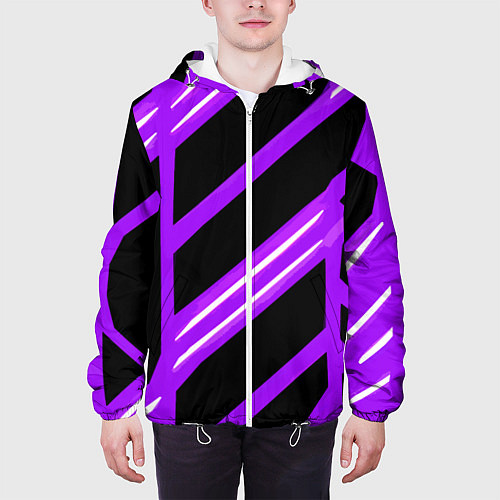 Мужская куртка Чёрно-белые полосы на фиолетовом фоне / 3D-Белый – фото 3