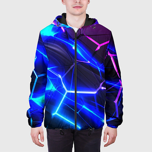 Мужская куртка Микс разломленных плит и неоновое свечения / 3D-Черный – фото 3