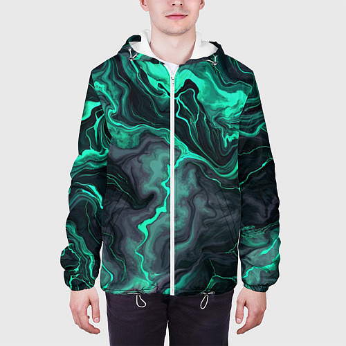 Мужская куртка Бирюзовый мрамор на черном фоне / 3D-Белый – фото 3