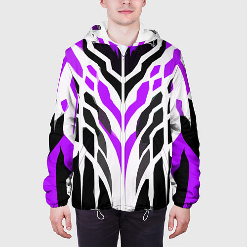 Мужская куртка Агрессивные фиолетово-белые полосы на чёрном фоне / 3D-Белый – фото 3