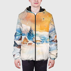 Куртка с капюшоном мужская Деревенский новогодний пейзаж, цвет: 3D-черный — фото 2