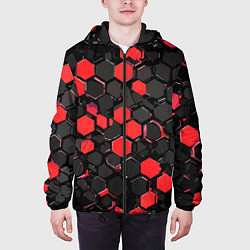 Куртка с капюшоном мужская Красно-серые шестиугольники на чёрном фоне, цвет: 3D-черный — фото 2