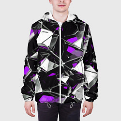 Куртка с капюшоном мужская Фиолетово-белый паттерн на чёрном фоне, цвет: 3D-белый — фото 2