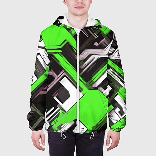 Мужская куртка Бело-зелёный техно паттерн на чёрном фоне / 3D-Белый – фото 3