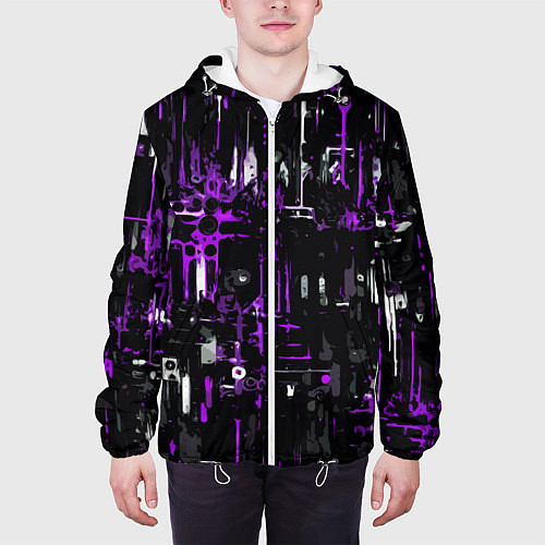 Мужская куртка Бело-фиолетовая тревожная абстракция на чёрном фон / 3D-Белый – фото 3