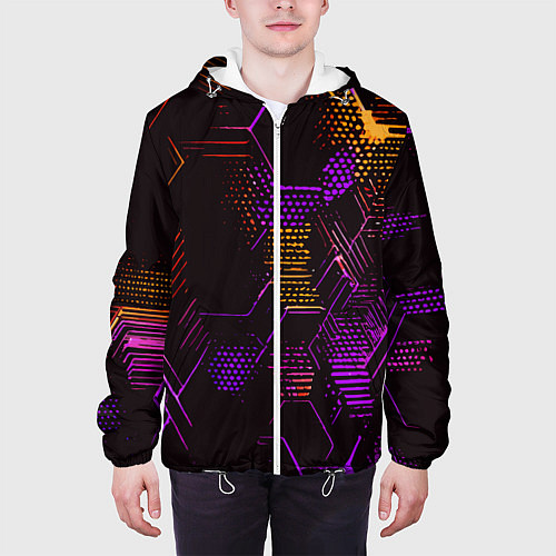 Мужская куртка Жёлто-фиолетовые точки и линии на чёрном фоне / 3D-Белый – фото 3
