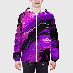 Куртка с капюшоном мужская Фиолетовые брызги на чёрном фоне, цвет: 3D-белый — фото 2