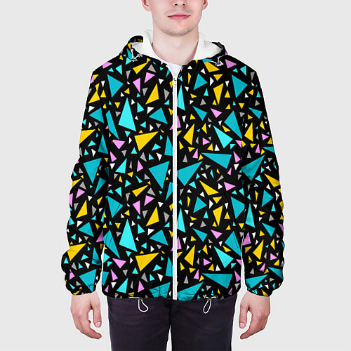 Мужская куртка Разноцветные яркие треугольники на черном / 3D-Белый – фото 3