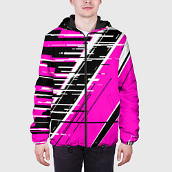 Куртка с капюшоном мужская Чёрно-белые глитч полосы на розовом фоне, цвет: 3D-черный — фото 2