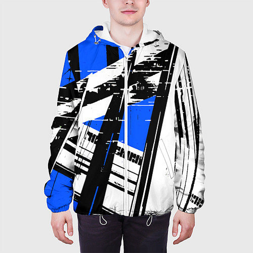 Мужская куртка Чёрно-белые абстрактные линии на синем фоне / 3D-Белый – фото 3