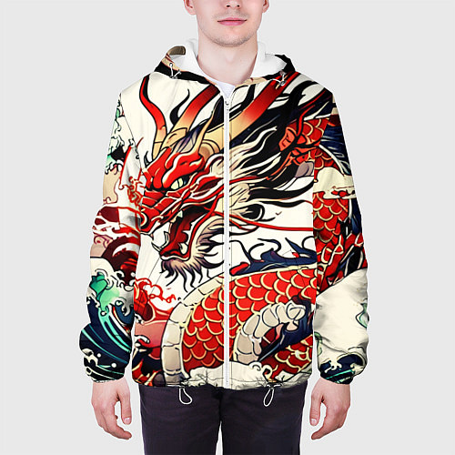 Мужская куртка Красный дракон в японском стиле ирезуми / 3D-Белый – фото 3