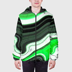 Куртка с капюшоном мужская Волнистые горизонтальные чёрно-зелёные полосы на б, цвет: 3D-черный — фото 2