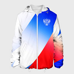 Куртка с капюшоном мужская Герб России на фоне цветов флага градиент, цвет: 3D-белый