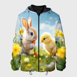 Куртка с капюшоном мужская Кролик и цыпленок встречают Пасху, цвет: 3D-черный