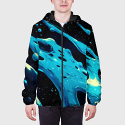 Куртка с капюшоном мужская Синие волны краски на черном, цвет: 3D-черный — фото 2