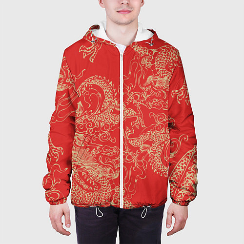 Мужская куртка Золотые драконы на красном / 3D-Белый – фото 3