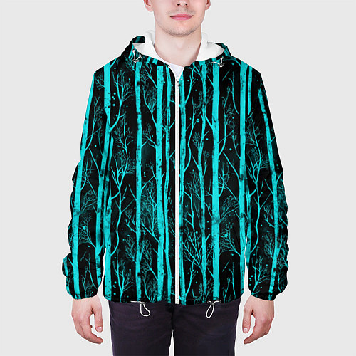 Мужская куртка Бирюзовые полоски-деревья на темном фоне - паттерн / 3D-Белый – фото 3