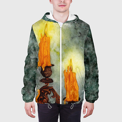 Мужская куртка Две горящие свечи в темноте / 3D-Белый – фото 3