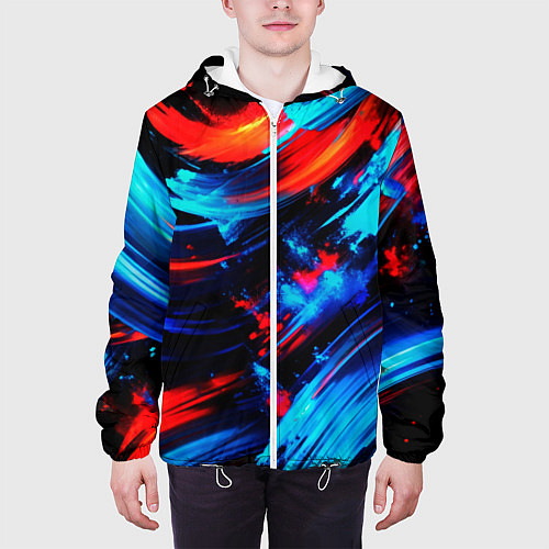 Мужская куртка Синие и красные мазки краски на черном / 3D-Белый – фото 3