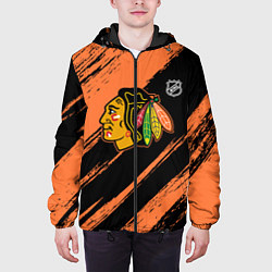 Куртка с капюшоном мужская Чикаго Блэкхокс - фон с оранжевыми потертостами, цвет: 3D-черный — фото 2