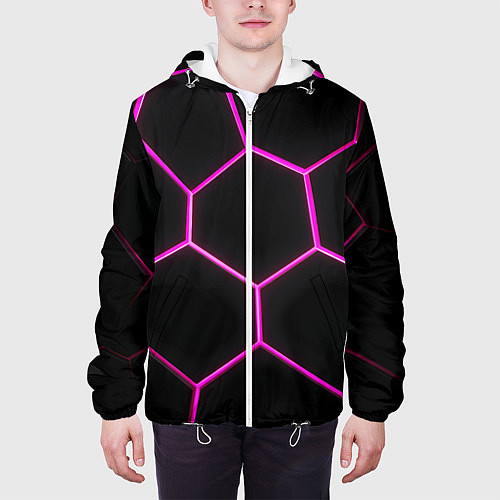 Мужская куртка Черные соты с фиолетовым неоном / 3D-Белый – фото 3