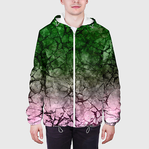 Мужская куртка Абстракция - green pink gradient in black web / 3D-Белый – фото 3