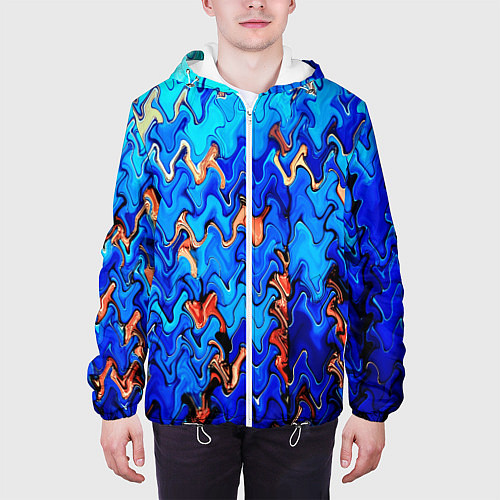 Мужская куртка Сине-голубой стекающая абстракция / 3D-Белый – фото 3
