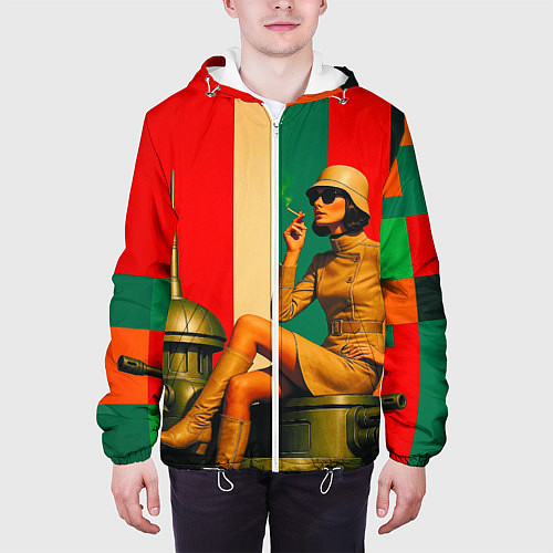 Мужская куртка Милитари девушка на оружейной башне ретрофутуризм / 3D-Белый – фото 3