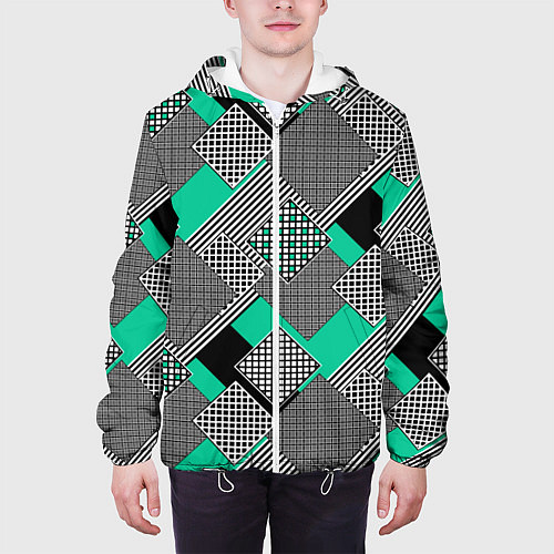 Мужская куртка Черно бирюзовая абстрактная геометрия пэчворк / 3D-Белый – фото 3