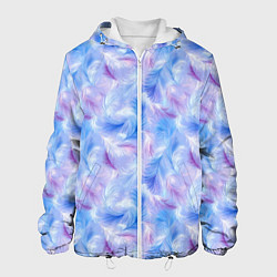 Куртка с капюшоном мужская Узор из голубых и сиреневых перьев, цвет: 3D-белый