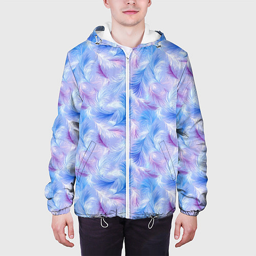 Мужская куртка Узор из голубых и сиреневых перьев / 3D-Белый – фото 3