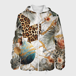 Куртка с капюшоном мужская Мрамор с цветами и леопардовый узор, цвет: 3D-белый