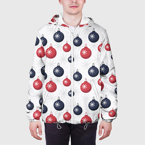 Мужская куртка Синие и красные новогодние шары со снежинками / 3D-Белый – фото 3